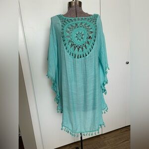 Boho aqua Turquoise Crochet detail Cover-Up fringe summer Beachy beach swim